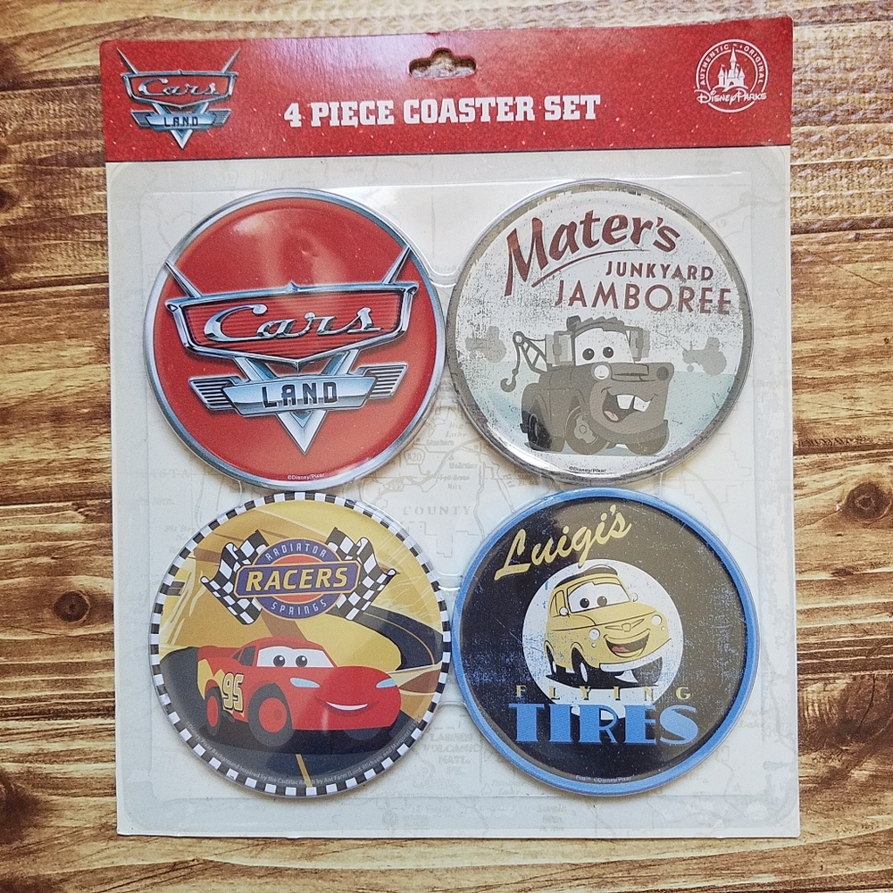 Pixar Cars Land 4 Piece Coaster Set Movie Disney Mater Lightning McQueen